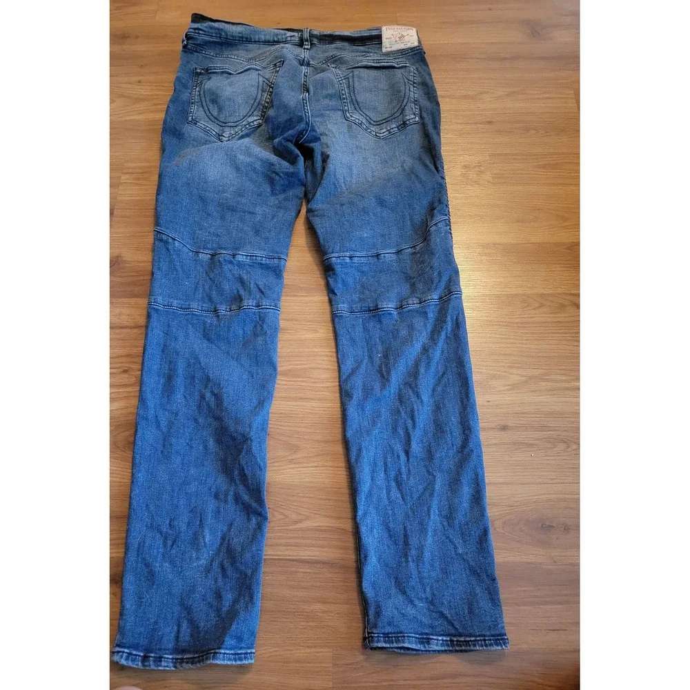 True Religion Rocco Relaxed Skinny Moto Jeans Blue Ribbed Knee Mens 34